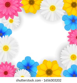 Spring background with beautiful white, blue, pink flowers, daisies, chamomiles. For poster, banner, invitation, card, ad. With copy space for text