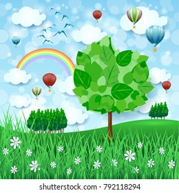 Spring background with big tree and hot air balloons, vector illustration eps10