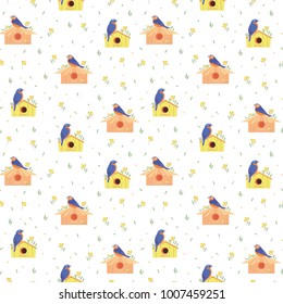 Spring background with bird flowers and houses for birds.