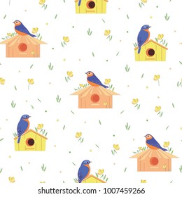 Spring background with bird flowers and houses for birds.