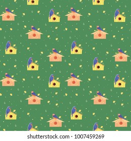 Spring background with bird flowers and houses for birds.