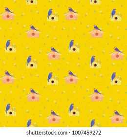 Spring background with bird flowers and houses for birds.