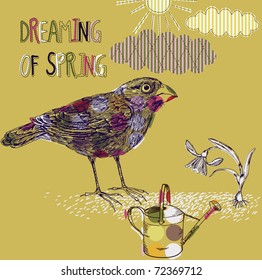 Spring background with bird and snowdrop