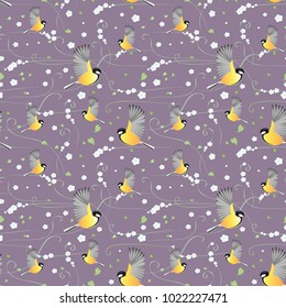 Spring background with birds and flowers