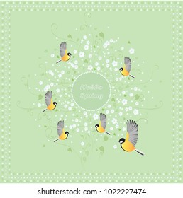 Spring background with birds and flowers