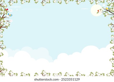 Fondo de primavera con pájaros en el marco del borde de la flor de cerezo, sol, nube blanca, fondo azul del cielo, dibujos animados lindos de la Ilustración vectorial para el Anuncio de Pascua de la Naturaleza con la flor