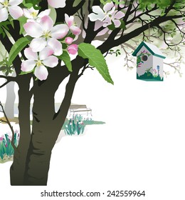 Spring Background - Blooming Apple tree with Birdhouse. Hand drawn vector background depicting a blooming apple tree, a painted birdhouse hanging from a branch, a tulip garden and bench. 