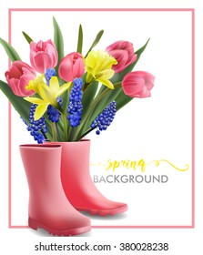 Spring background with Blooming spring  flowers, tulips, Narcissus, Muscari and pink boots. Template Vector.