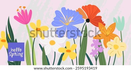 Spring background with blooming flowers in vector, flat style.