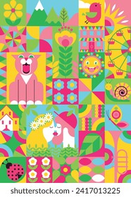 Spring background with blooming nature, animals and happy people. Bright geometric pattern with abstract symbols of flowers, bird, cat, butterfly, ladybug, snail, kissing couple. Poster, banner