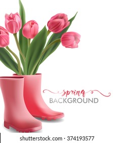 Spring background with Blooming pink tulips and pink boots. Template Vector.