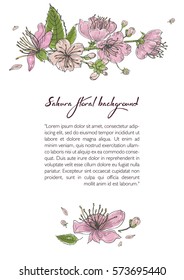 Spring background with blooming sakura flowers. Design template with place for text.