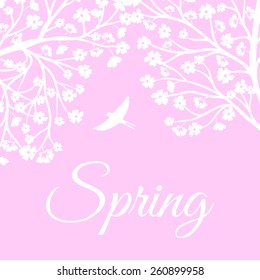 Spring background with blooming tree and birds