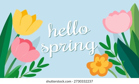 Fondo de primavera con tulipanes en flor para el diseño. Hermosa Ilustración vectorial de primavera de tulipanes para fondos, carteles, Anuncios y postales.