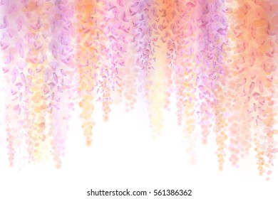 Antecedentes de primavera con una glicinia floreciente. Flores de manantial de suaves acuarelas sobre un fondo blanco. Se puede utilizar para fondos de pantalla, invitaciones de boda, tarjetas de felicitación para cumpleaños, día de San Valentín.