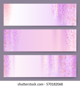 Spring background with blooming wisteria, horizontal banner. Suitable for greeting cards to the birthday, Valentine's Day, 8 March,  Women's Day, Wedding invitations. Spring discounts and sales