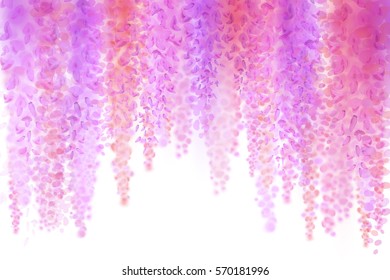 Spring background with blooming wisteria, pink flowers. Suitable for greeting cards to the birthday, Valentine's Day, March 8, Women's Day, wedding invitations. Spring background, discounts and sales.