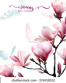 Spring background with blossom brunch of  Magnolia. Template Vector.