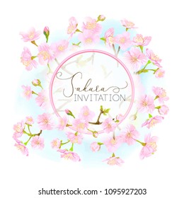 Spring  background with blossom brunch of pink sakura flowers on blue sky background.  Template with place for text. Stock vector illustration. Good for gift voucher, card, banner.