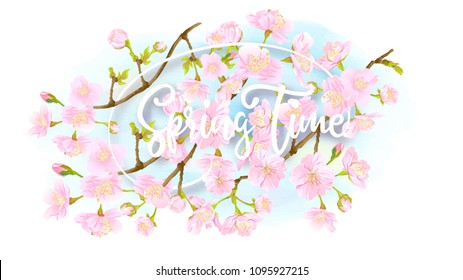 Spring  background with blossom brunch of pink sakura flowers on blue sky background.  Template with place for text. Stock vector illustration. Good for gift voucher, card, banner.