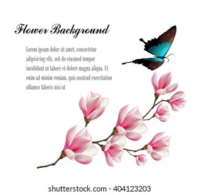 Spring background with blossom brunch of pink magnolia flowers and butterfly. Vector