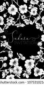 Spring  background with blossom brunch of sakura flowers. Black-and-white graphics. Template with place for text. Stock vector illustration. Good for gift voucher, card, banner.