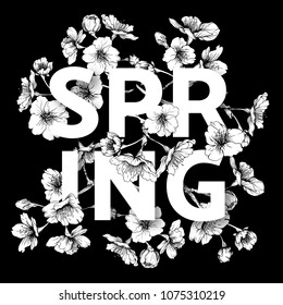 Spring  background with blossom brunch of sakura flowers. Black-and-white graphics. Template with place for text. Stock vector illustration. Good for gift voucher, card, banner.