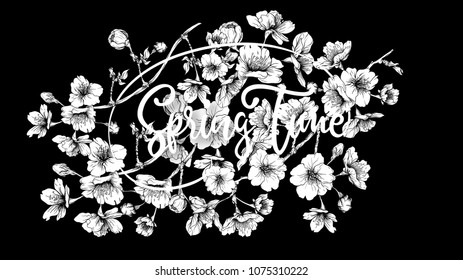 Spring  background with blossom brunch of sakura flowers. Black-and-white graphics. Template with place for text. Stock vector illustration. Good for gift voucher, card, banner.