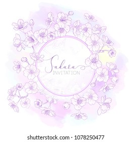 Spring  background with blossom brunch of sakura flowers in soft ultraviolet color.  Template with place for text. Stock vector illustration. Good for gift voucher, card, banner.