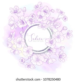 Spring  background with blossom brunch of sakura flowers in soft ultraviolet color.  Template with place for text. Stock vector illustration. Good for gift voucher, card, banner.
