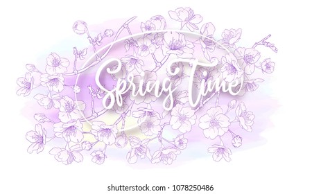 Spring  background with blossom brunch of sakura flowers in soft ultraviolet color.  Template with place for text. Stock vector illustration. Good for gift voucher, card, banner.