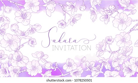 Spring  background with blossom brunch of sakura flowers in soft ultraviolet color.  Template with place for text. Stock vector illustration. Good for gift voucher, card, banner.