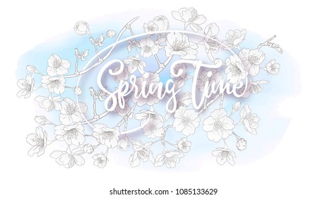 Spring  background with blossom brunch of sakura flowers in soft blue color.  Template with place for text. Stock vector illustration. Good for gift voucher, card, banner.