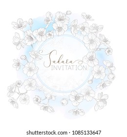 Spring  background with blossom brunch of sakura flowers in soft blue color.  Template with place for text. Stock vector illustration. Good for gift voucher, card, banner.