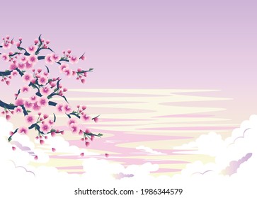 Spring background with a blossoming sakura branch against the background of a vanilla sky in pastel colors. Vector illustration.