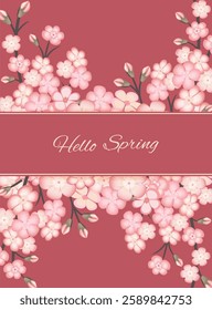 Spring background with blossoming sakura branch, branch of blossoming Japanese cherry on pink background. Vertical format A4.