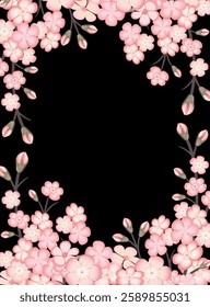 Spring background with blossoming sakura branch, branch of blossoming Japanese cherry on black background. Vertical format A4 with copy space.