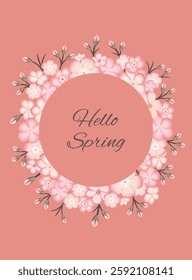 Spring background with blossoming sakura branch, branch of blossoming Japanese cherry on pink background. Vertical format A4.