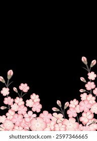 Spring background with blossoming sakura branch, branch of blossoming Japanese cherry on black background. Vertical format A4 with copy space.