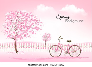 Spring background with a blossoming tree and a bike. Vector.