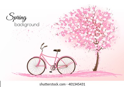 Spring background with a blossoming tree and a bike. Vector.