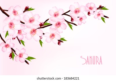 Spring background of a blossoming tree branch with spring flowers. Vector.