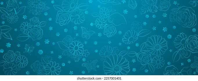 Spring background in blue colors made of various flowers and butterflies