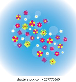 Spring background with blue sky, green grass, flowers, butterflies.  Vector eps 10