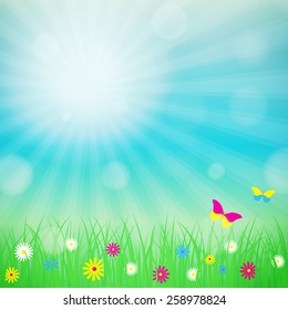 Spring background with blue sky, green grass, flowers, butterflies. Bokeh and light  effect. Vector eps 10
