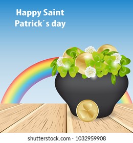 Spring background blue sky and magic rainbow.Happy Saint Patrick day,on the wooden table there is a pot with clover and gold coins, magical glow,green grass,Shamrock.Abstract vector illustration.