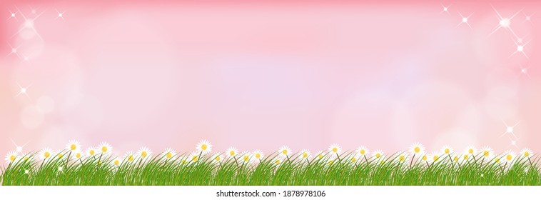 Spring background with blurry bokeh light effect on pik background, Natural landscape with cute tiny daisy flowers and green grass fields, Vector illustration Holizontal for Easter banner