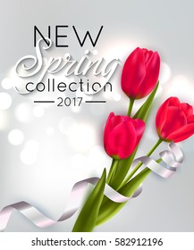 Spring background with bouquet of red tulips. Vector illustration.