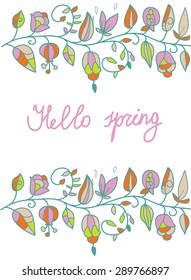 spring background with branches of flowers and inscription Hello spring bell background