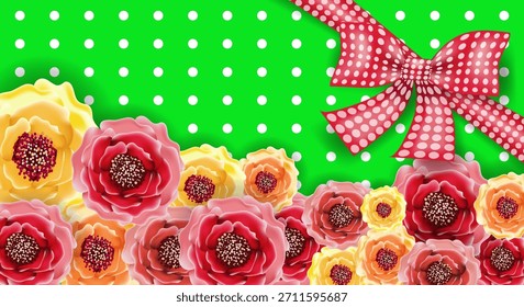 Fondo de primavera con flores brillantes y un arco de lunares rojos sobre un fondo verde